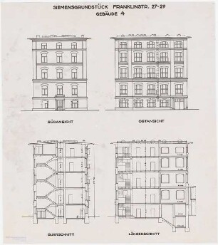 Technische Hochschule Berlin Erweiterung Franklinstraße (ehem. Siemens-Halske-Werke, Physikalisches Laboratorium): Gebäude 4: Ansichten und Schnitte, 1:100