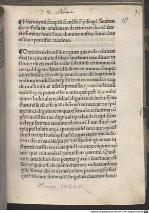 Oratio de trinitate : mit Widmungsbrief des Autors an Papst Innocentius VIII.