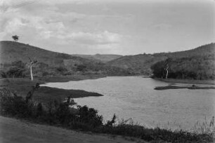 Flusslandschaft : Eine Flusslandschaft mit Hügeln im Hintergrund und Uferwald rechts. Grasland und Bäume auf den Hügeln.