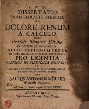 Diss. inaug. med. de dolore renum a calculo
