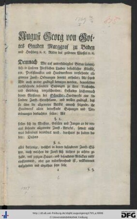 August Georg von Gottes Gnaden Marggraf zu Baden und Hochberg ...