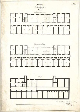 Klumpp, Karl F. A.; München; Entbindungsheim - Grundriss Keller, Grundriss 1. OG, Grundriss 2. OG