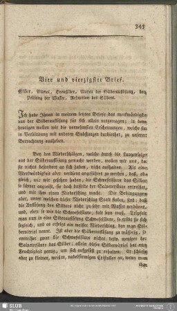 Vier und vierzigster Brief. Silber, Vitriol, Hornsilber, Nutzen der Silberauflösung, bey Prüfung der Wasser, Reduction des Silbers
