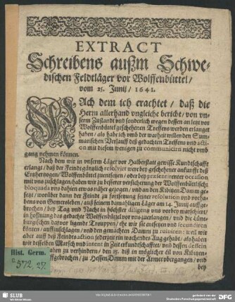 Extract Schreibens außm Schwedischen Feldtläger vor Wolffenbüttel, vom 25. Junii, 1641