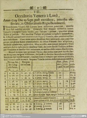 VII. Occultatio Veneris à Luna, Anno 1729 Die 19 Sept. post meridiem, interdiu observata, in Observatorio Regio Berolinensi