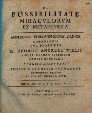 De Possibilitate Miracvlorvm Ex Metaphysica