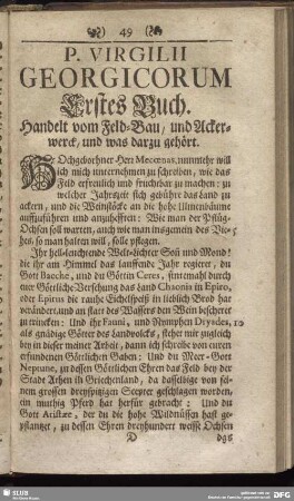 P. Virgilii Georgicorum Erstes Buch. Handelt vom Feld-Bau, und Ackerwerck, und was darzu gehört