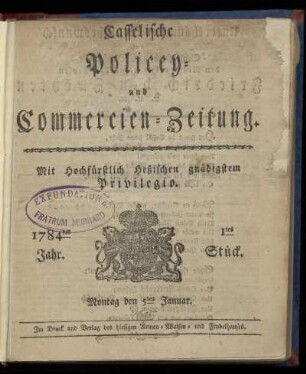 1tes Stueck, Montag den 5ten Januar. 1784