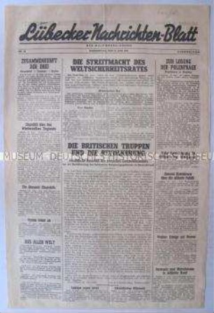 Mitteilungsblatt der britischen Militärregierung "Lübecker Nachrichten-Blatt" mit einer "persönlichen Botschaft" des Oberbefehlshabers