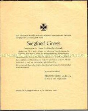 Todesanzeige für den im 2. Weltkrieg bei einem Luftkampf gefallenen Hauptmann Siegfried Gnass
