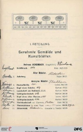 I. Abteilung. Gerahmte Gemälde und Kunstblätter (Nr. 1-314)