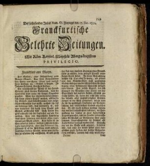 Num. CI. Freytags den 17. Dec. 1751 - Num. CV. Freytags den 31. Dec. 1751