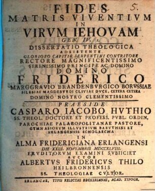 Fides matris viventium in virum Iehovam, Genes. IV, 1 : Diss. theol.