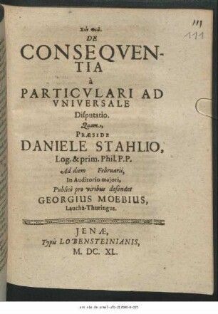 De Consequentia a Particulari Ad Universale Disputatio