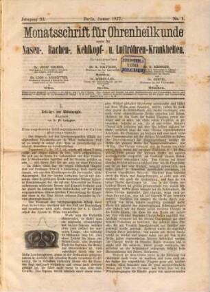 Monatsschrift für Ohrenheilkunde sowie für Nasen-, Rachen-, Kehlkopf- und Luftröhrenkrankheiten. 11. 1877