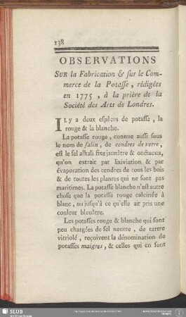 Observations Sur la Fabrication & sur le Commerce de la Potasse, rédigées en 1775, à la prière de la Société des Arts de Londres