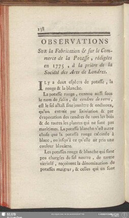 Observations Sur la Fabrication & sur le Commerce de la Potasse, rédigées en 1775, à la prière de la Société des Arts de Londres