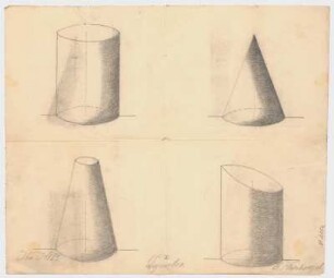 Zeichenübungen zu geometrischen Figuren : Zylinder, Kegel, Kegelstumpf und Zylinderstumof; handschriftliche Anmerkungen