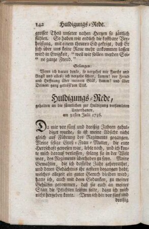 Huldigungs-Rede, gehalten an die sämtlichen zur Huldigung versamleten Unterthanen, am 31sten Julii 1756.