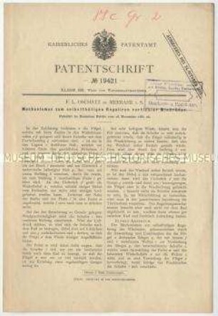 Patentschrift eines Mechanismus zum selbsttätigen Regulieren vertikaler Windräder, Patent-Nr. 19421