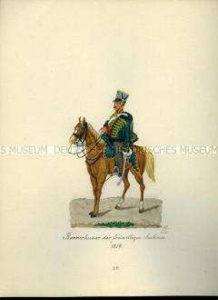 Uniformdarstellung, Husar vom Banner der freiwilligen Sachsen zu Pferd, 1814. Aus: Sammelmappe "Sachsens Militär", Königliche Arsenalsammlung.