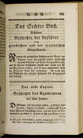 Das Sechste Buch. Besondere Geschichte der Anführer des griechischen und des trojanischen Kriegesheeres.