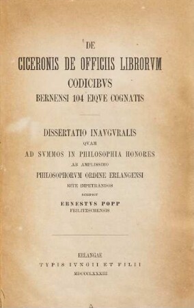 De Ciceronis de Officiis librorvm codicibvs Bernensi 104 eiqve cognatis