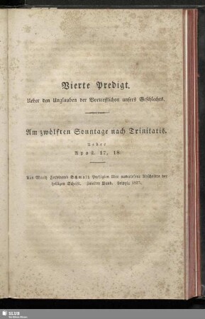 Vierte Predigt. Ueber den Unglauben der Vortrefflichen unsers Geschlechts