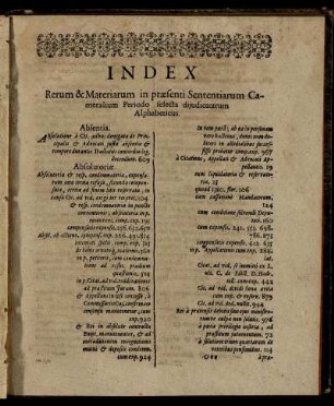 Index Rerum & Materiarum in prӕsenti Sententiarum Cameralium Periodo selecta diiudicatarum Alphabeticus