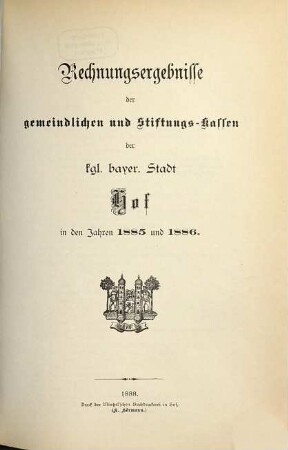 Rechnungsergebnisse der gemeindlichen und Stiftungs-Kassen der k. b. Stadt Hof in den Jahren .... 1885/86 (1888)