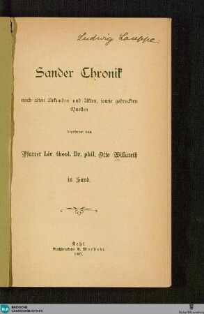 Sander Chronik nach alten Urkunden und Akten : sowie gedruckten Quellen