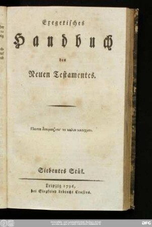Siebentes Stük: Exegetisches Handbuch des Neuen Testamentes