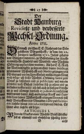 Der Stadt Hamburg Revidierte und verbesserte Wechsel- Ordnung.