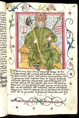 Thronender ungarischer Herrscher: König St. Ladislaus; Rankenwerk.