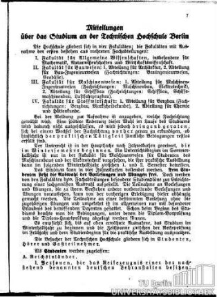 Mitteilungen über das Studium an der Technischen Hochschule