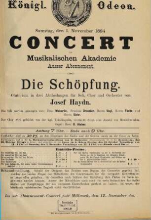 [Konzert-Programme des Königlichen Odeon in München und ähnlicher Münchener Veranstaltungen]. 36. 1884
