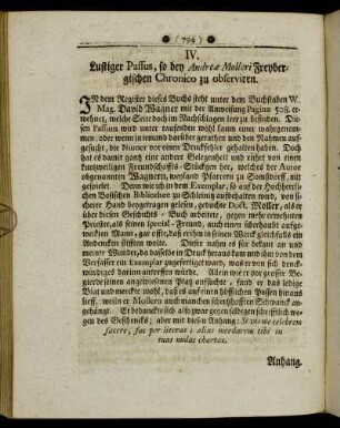IV. Lustiger Passus, so bey Andreæ Molleri Freybergischen Chronico zu observiren.