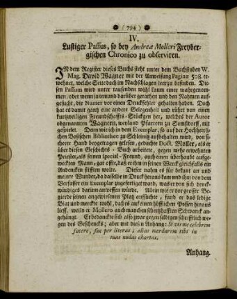 IV. Lustiger Passus, so bey Andreæ Molleri Freybergischen Chronico zu observiren.