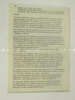 Propagandaflugblatt von Bürgern und Vertretern demokratischer Organisationen aus Frankfurt zu den Todesumständen von Benno Ohnesorg