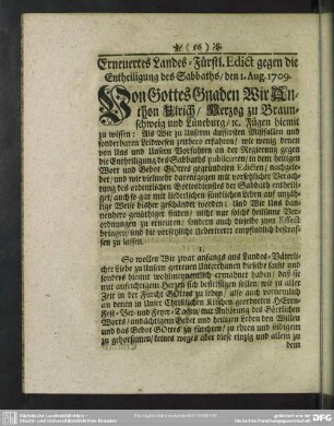 Erneutes Landes-Fürstl. Edict gegen die Entheiligung des Sabbaths, den 1. Aug. 1709