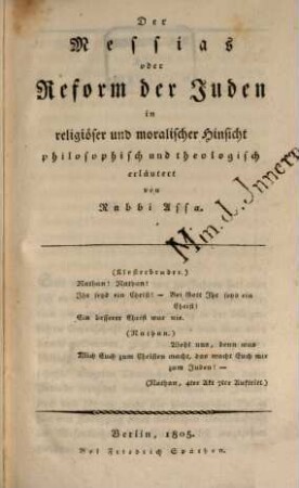Der Messias : oder Reform der Juden in religiöser und moralischer Hinsicht