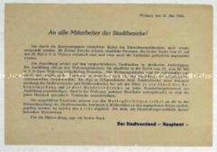 Rundschreiben an alle Mitarbeiter der Stadtbezirke von Weimar über die Neuaufstellung der kriegsbedingt zerstörten Kartei des Einwohnermeldeamtes