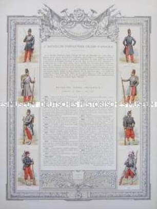Uniformdarstellung, Rüstungen und Uniformen von Soldaten des 2. Bataillons der Afrikanischen Leichten Infanterie und Zeittafel von Schlachten und Belagerungen mit Beteiligung dieses Bataillons, Frankreich, 1833-1893.