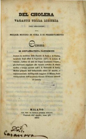 Del cholera vagante nella Liguria coll'indicazione del miglior metodo di cura e di preservamento : Cenni