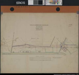 Projektierte Linienführung der Venlo-Hamburger Eisenbahn in der Bauerschaft Vehrte mit den angrenzenden Parzellen und Besitzernamen (um 1870) 7 Blätter: Blatt 1 = Sect. XXVI Bl. 4 Blatt 2 = Sect. XXVI Bl. 5 Blatt 3 = Sect. XXVI Bl. 6 Blatt 4 = Sect. XXVI Bl. 7 Blatt 5 = Sect. XXVI Bl. 8 Blatt 6 = Sect. XXVI Bl. 9 Blatt 7 = Sect. XXVI Bl. 10 Ausf.-Art: Farbige Zeichnung Herst.: Beckmann Format: 53 x 68 cm Maßstab: 1 : 1250