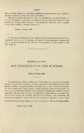Rettifica alla nota dell'integrabilità di una serie di funzioni.