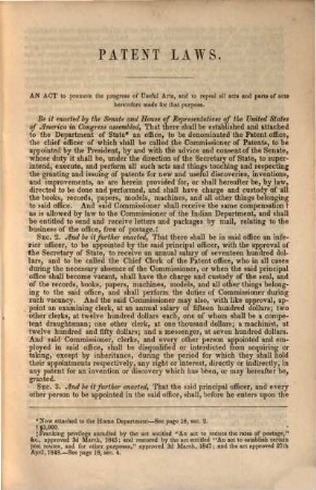Patent Laws : (Enacted by the Senate and House of Representatives of the United States of America in Congress assembled)