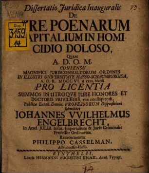 Diss. iur. inaug. de iure poenarum capitalium in homicidio doloso