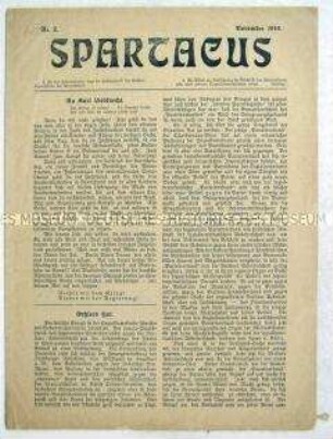 Zweite Nummer des Mitteilungsblattes des Spartakus-Bundes ("Spartakus-Brief") u.a. mit einem Grußwort an Karl Liebknecht