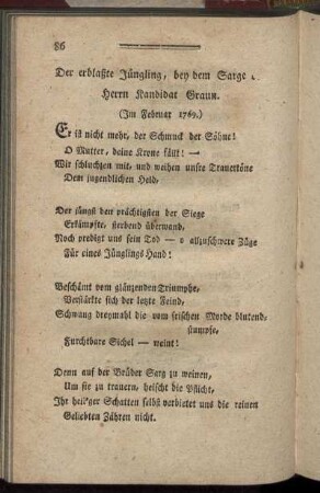 Der erblaßte Jüngling, bey dem Sarge. - Kantate bey der Einführung des Herrn Oberkonsistorialraths Büschings in Berlin.